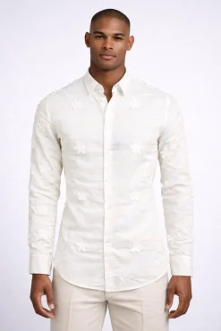 Camicia uomo ricami e fiori applicati slim fit cotone