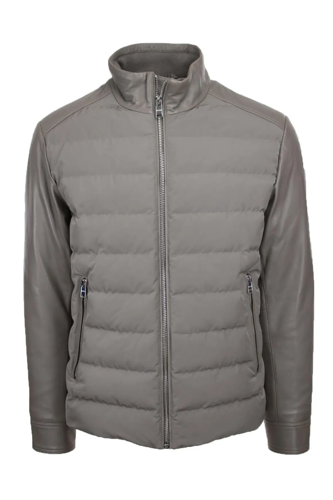 Giubbotto bomber in pelle e nylon imbottito