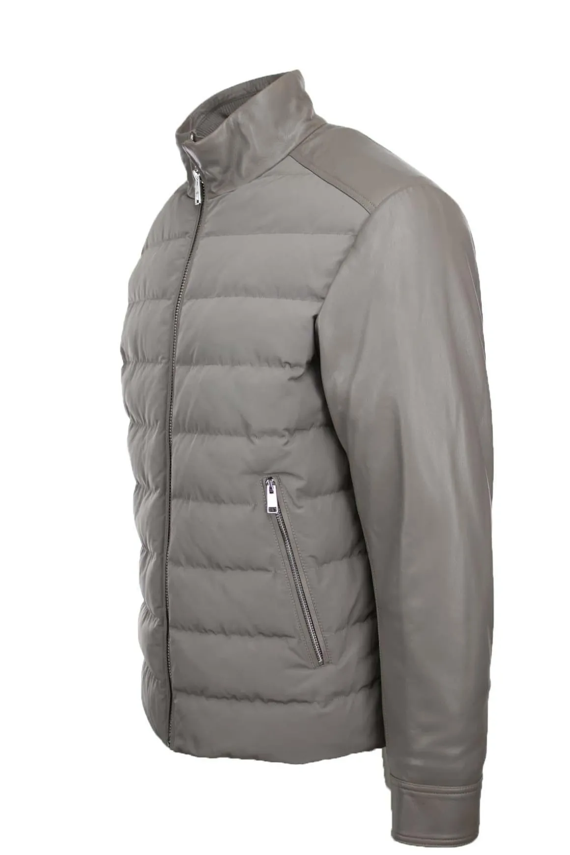 Giubbotto bomber in pelle e nylon imbottito