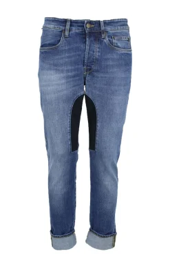 Jeans denim 5 tasche con toppa in alcantara