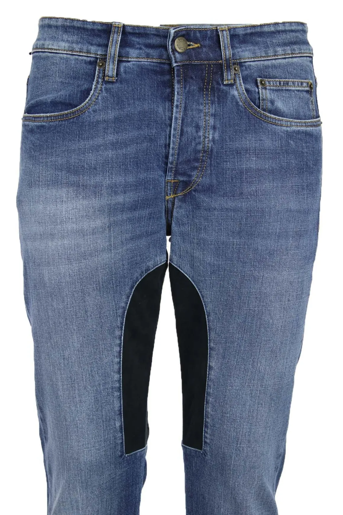 Jeans denim 5 tasche con toppa in alcantara