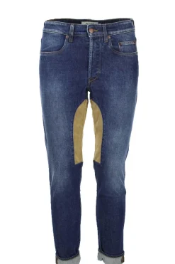 Jeans denim 5 tasche con toppa in alcantara beige