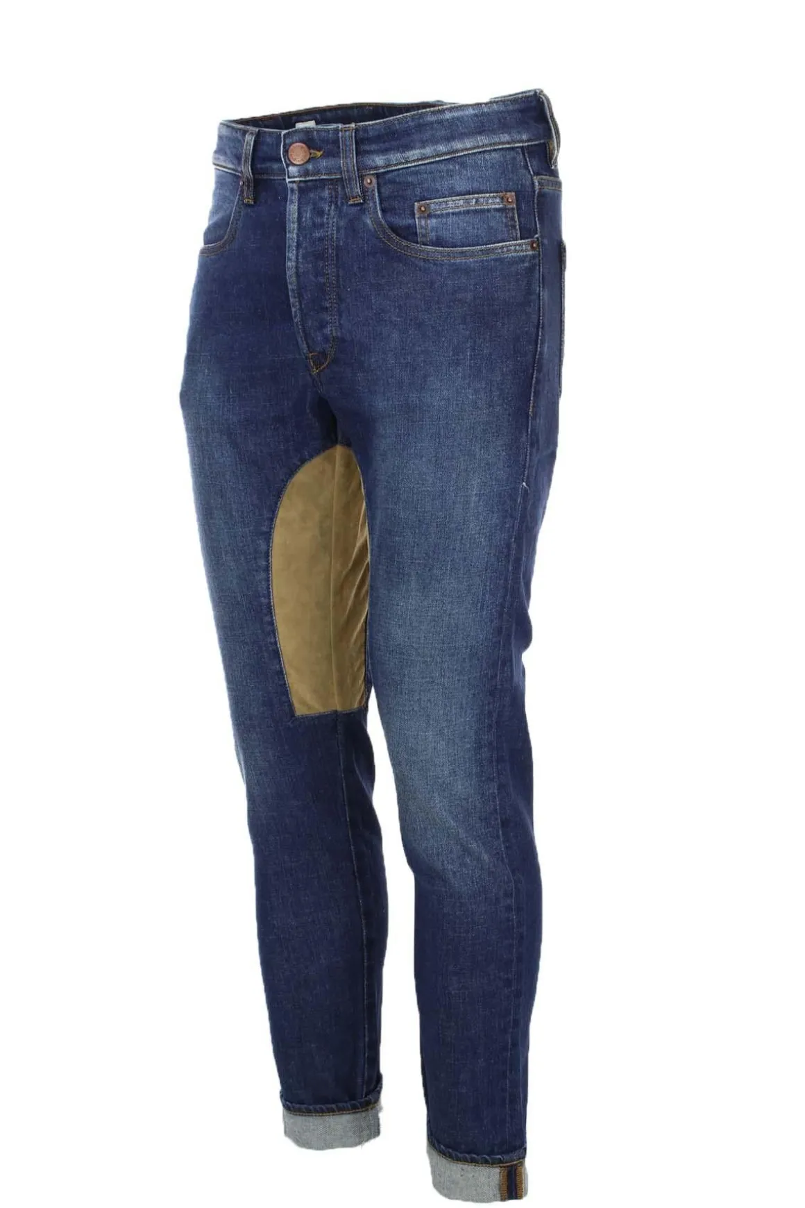 Jeans denim 5 tasche con toppa in alcantara beige