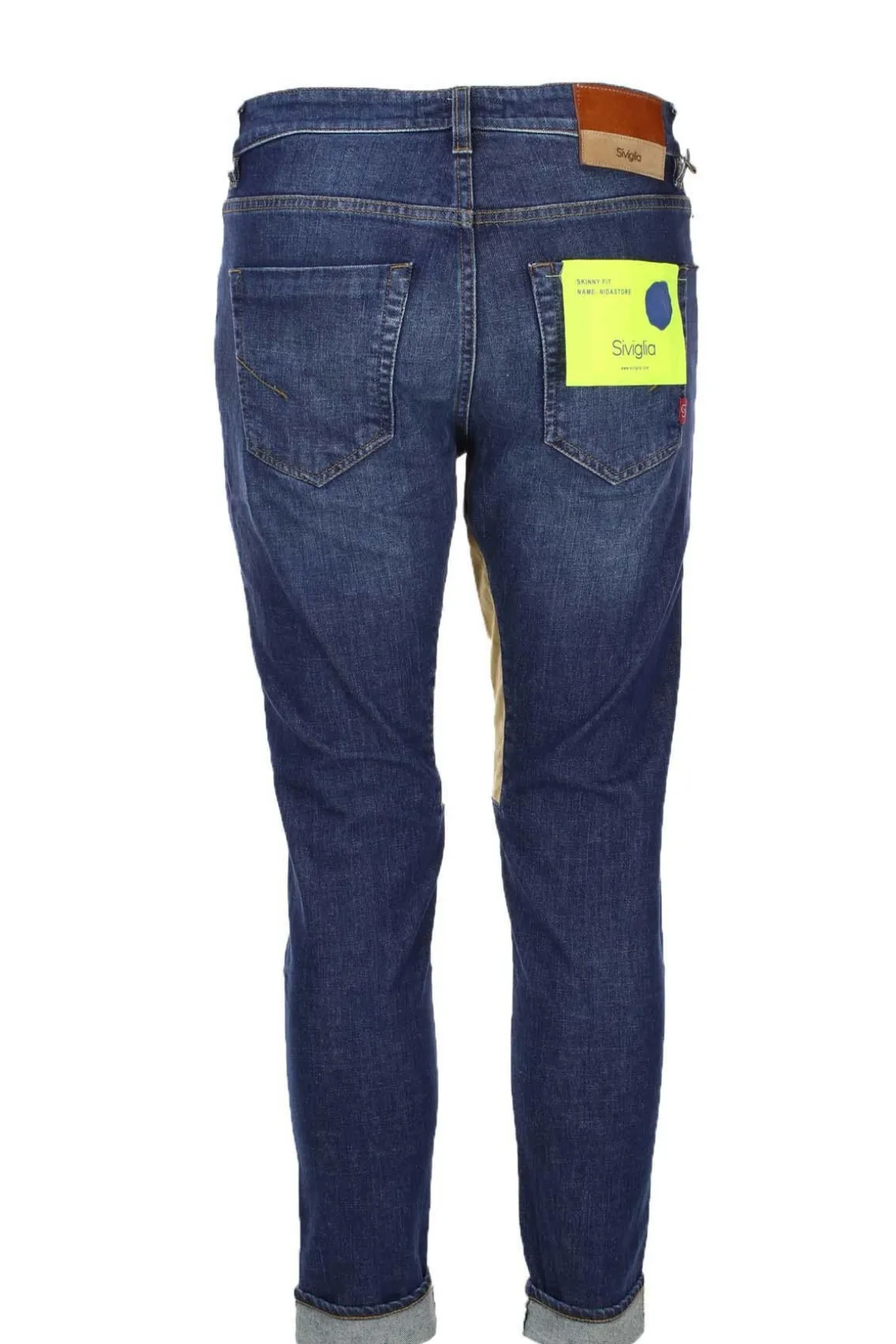 Jeans denim 5 tasche con toppa in alcantara beige