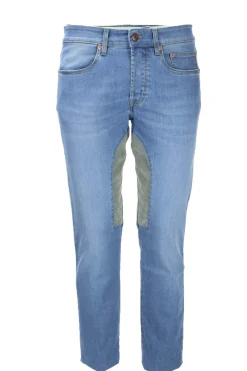 Jeans denim 5 tasche con toppe in alcantara